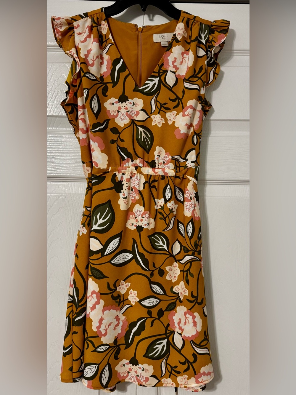 LOFT Mustard Floral V-Neck Dress with Pink and Cream Blooms
